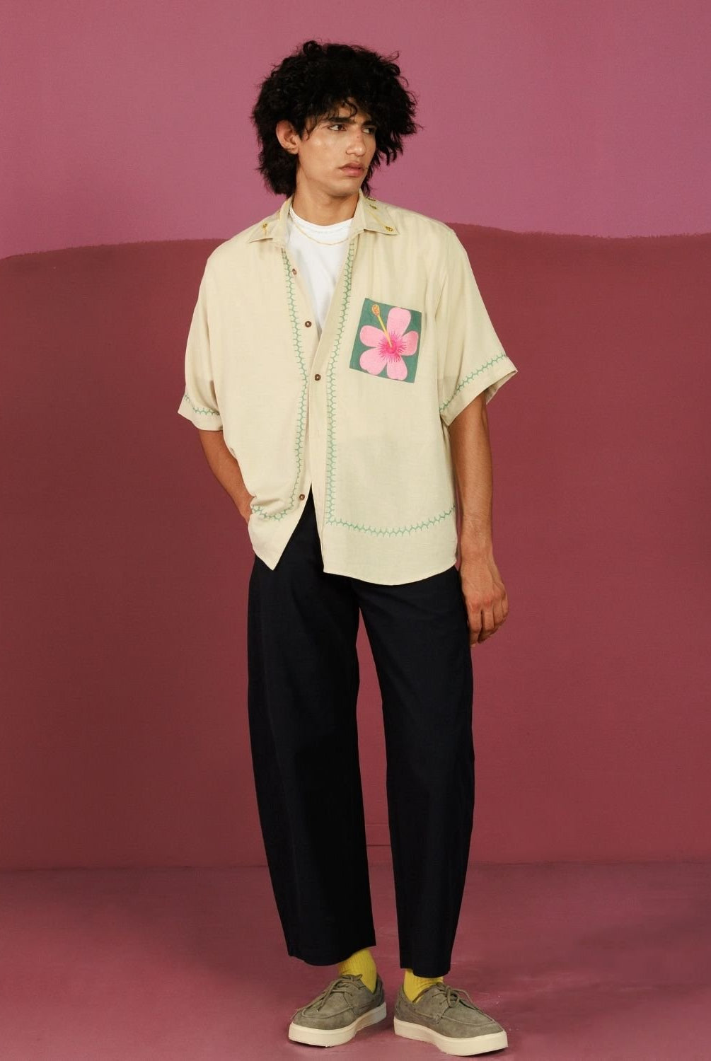 Winglore - Beige Pocket Patch Hand Embroiderd Pure Linen Oversized Shirt - CiceroniUnisex ShirtsWinglore