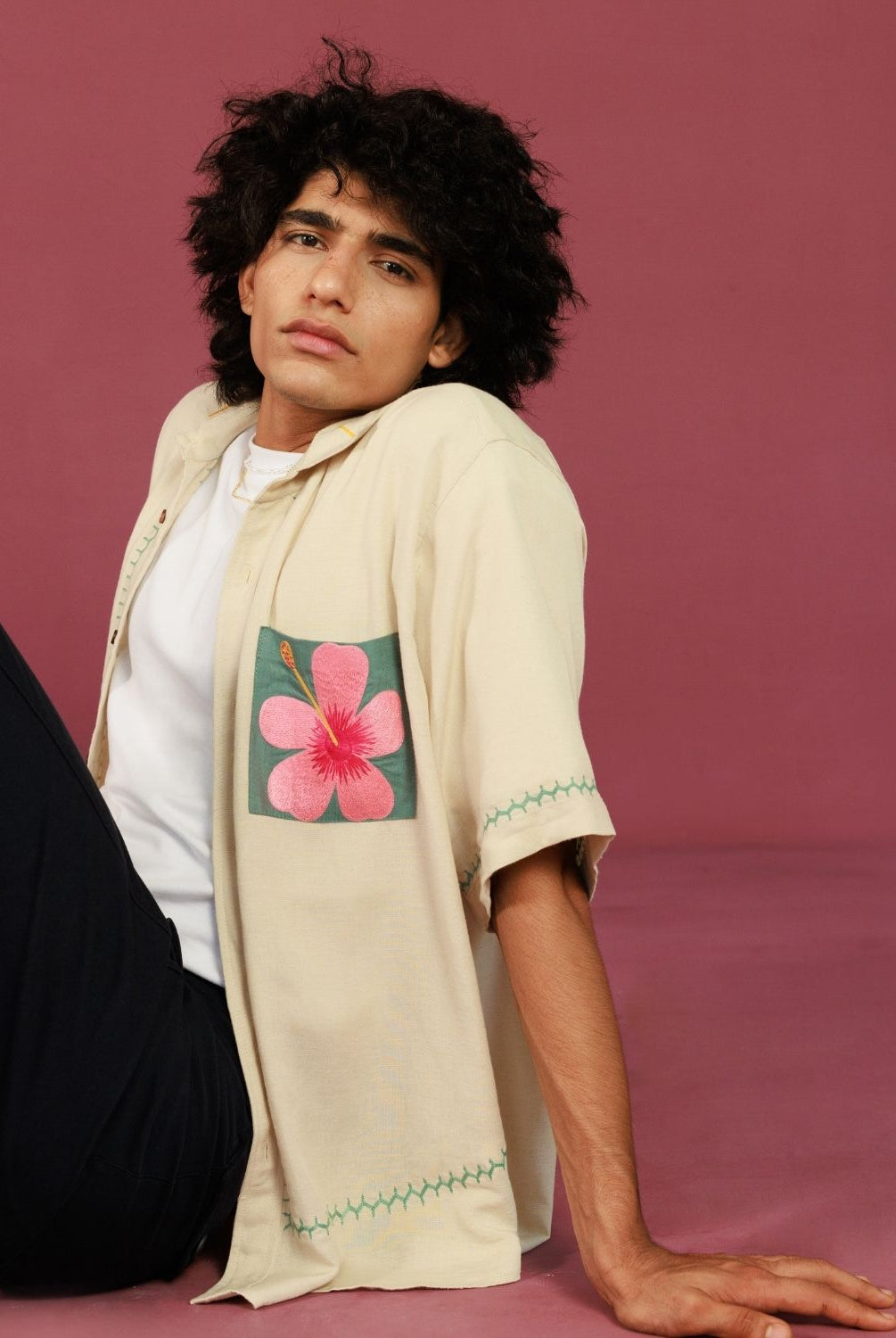 Winglore - Beige Pocket Patch Hand Embroiderd Pure Linen Oversized Shirt - CiceroniUnisex ShirtsWinglore