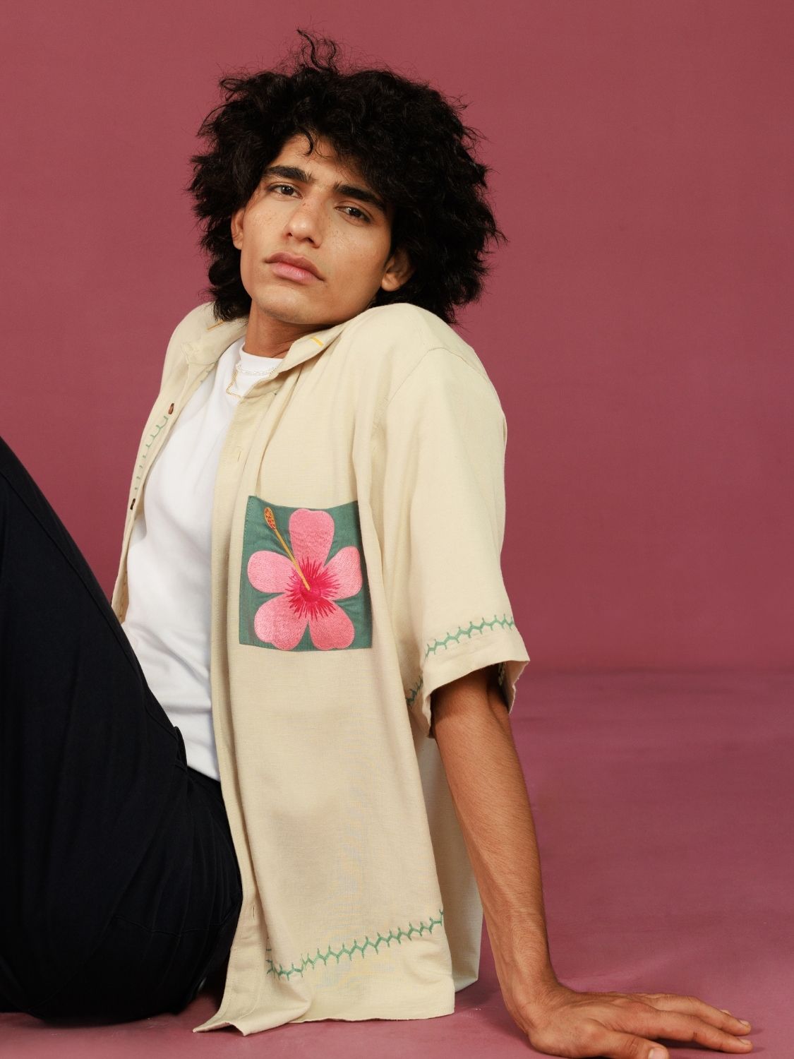 Winglore - Beige Pocket Patch Hand Embroiderd Pure Linen Oversized Shirt - CiceroniUnisex ShirtsWinglore
