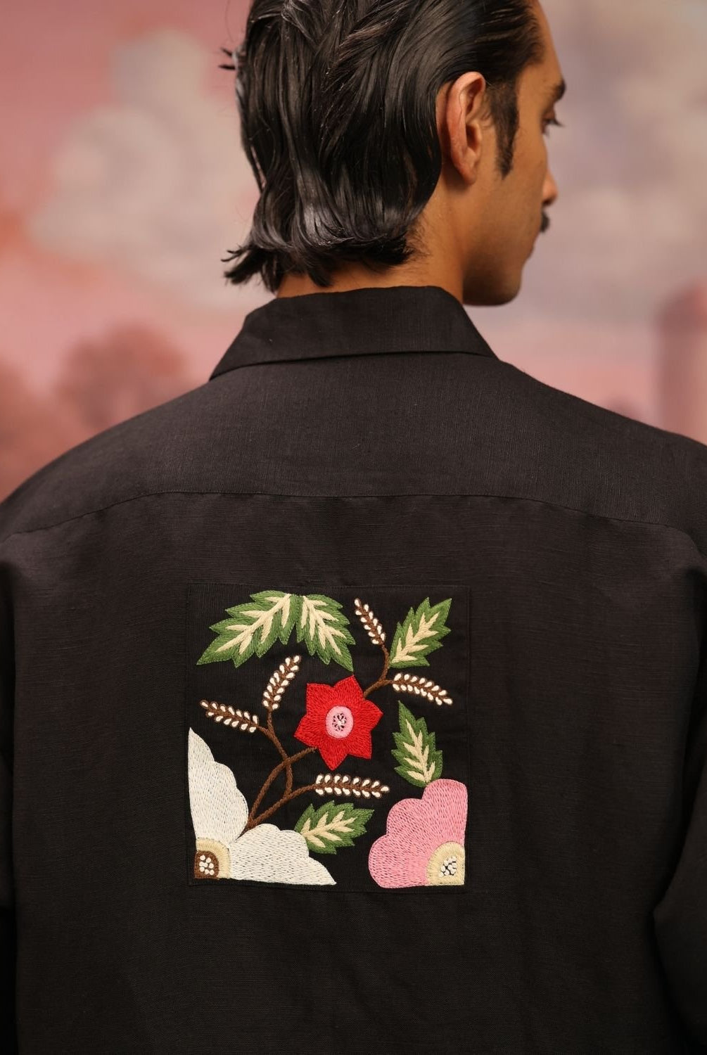 Winglore - Black Bold Black Patch Hand Embroiderd Pure Linen Oversized Shirt - CiceroniUnisex ShirtsWinglore