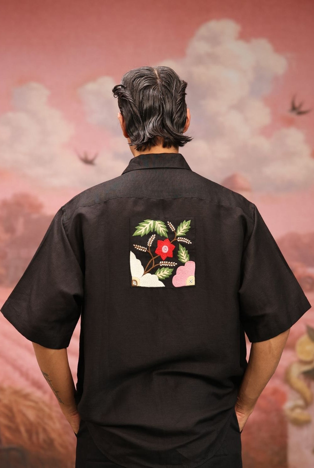 Winglore - Black Bold Black Patch Hand Embroiderd Pure Linen Oversized Shirt - CiceroniUnisex ShirtsWinglore