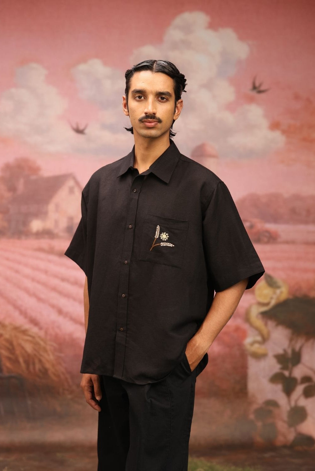 Winglore - Black Bold Black Patch Hand Embroiderd Pure Linen Oversized Shirt - CiceroniUnisex ShirtsWinglore