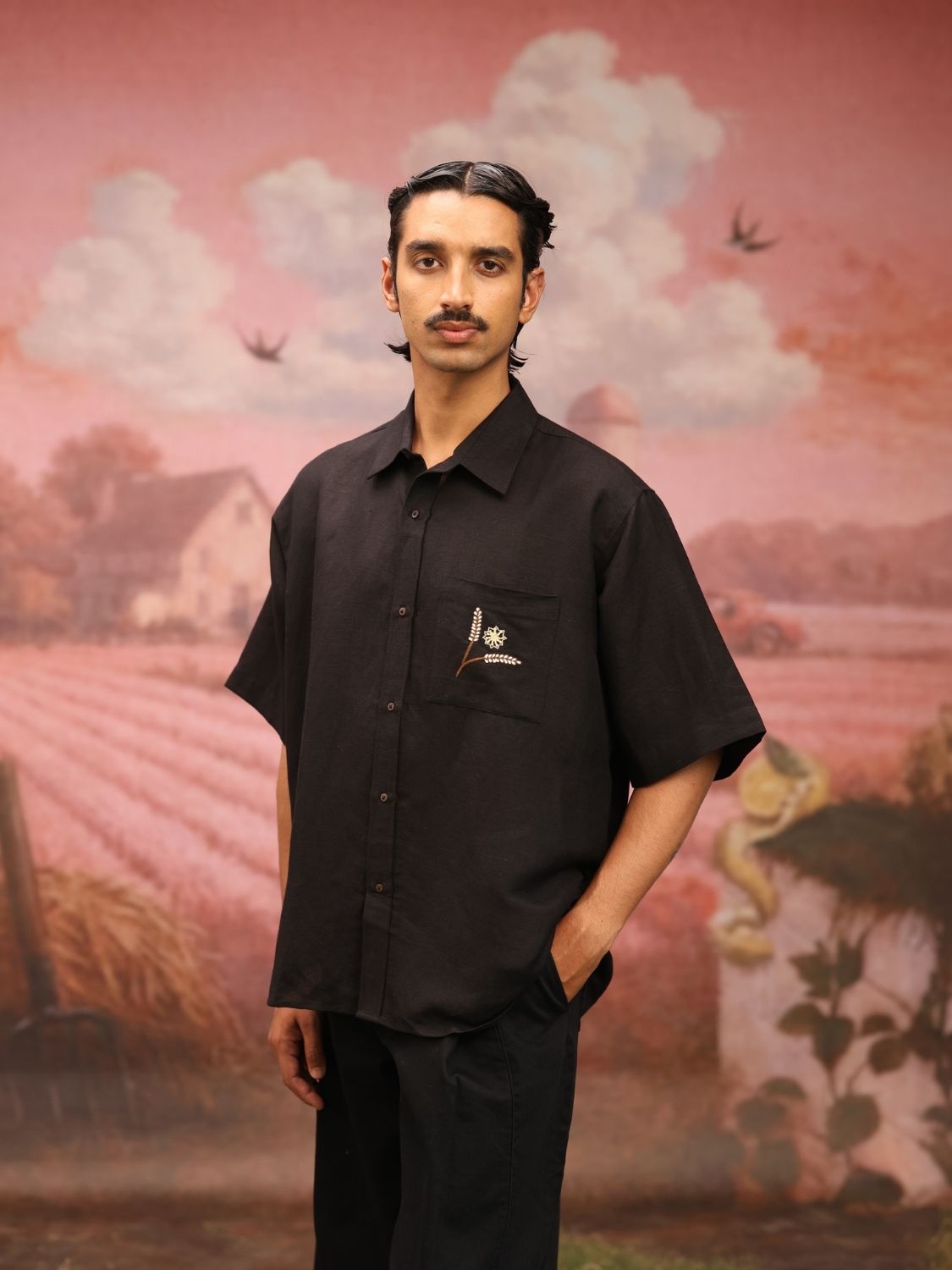 Winglore - Black Bold Black Patch Hand Embroiderd Pure Linen Oversized Shirt - CiceroniUnisex ShirtsWinglore