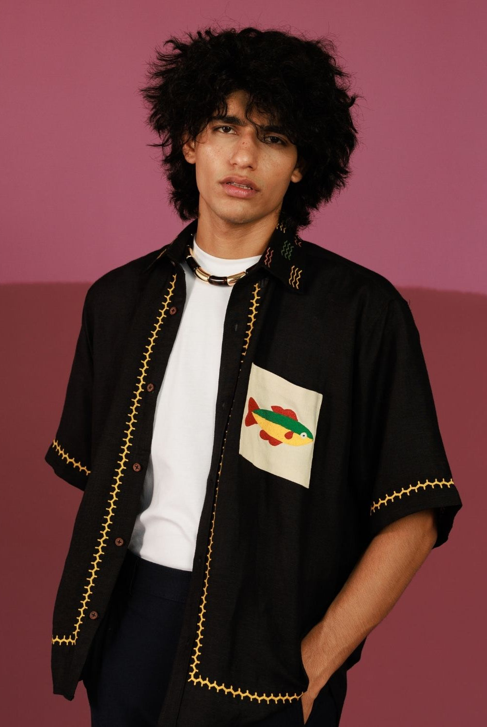 Winglore - Black Hand Embroiderd Fish Pure Linen Oversized Shirt - CiceroniUnisex ShirtsWinglore