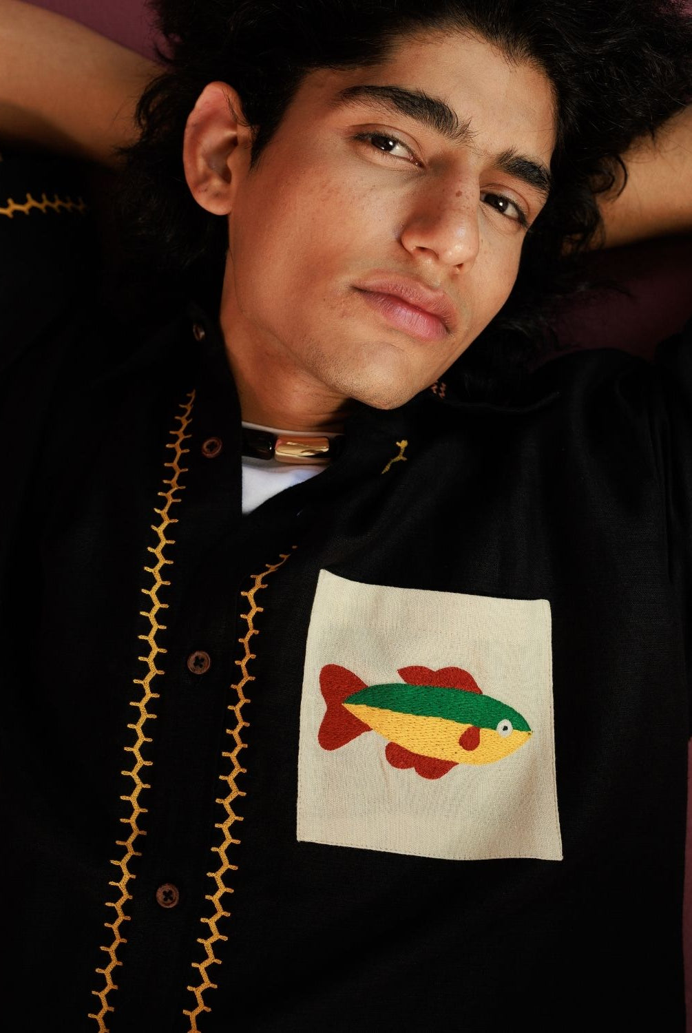Winglore - Black Hand Embroiderd Fish Pure Linen Oversized Shirt - CiceroniUnisex ShirtsWinglore