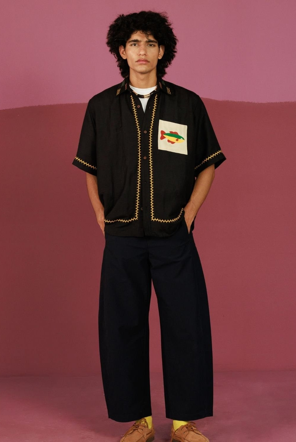 Winglore - Black Hand Embroiderd Fish Pure Linen Oversized Shirt - CiceroniUnisex ShirtsWinglore