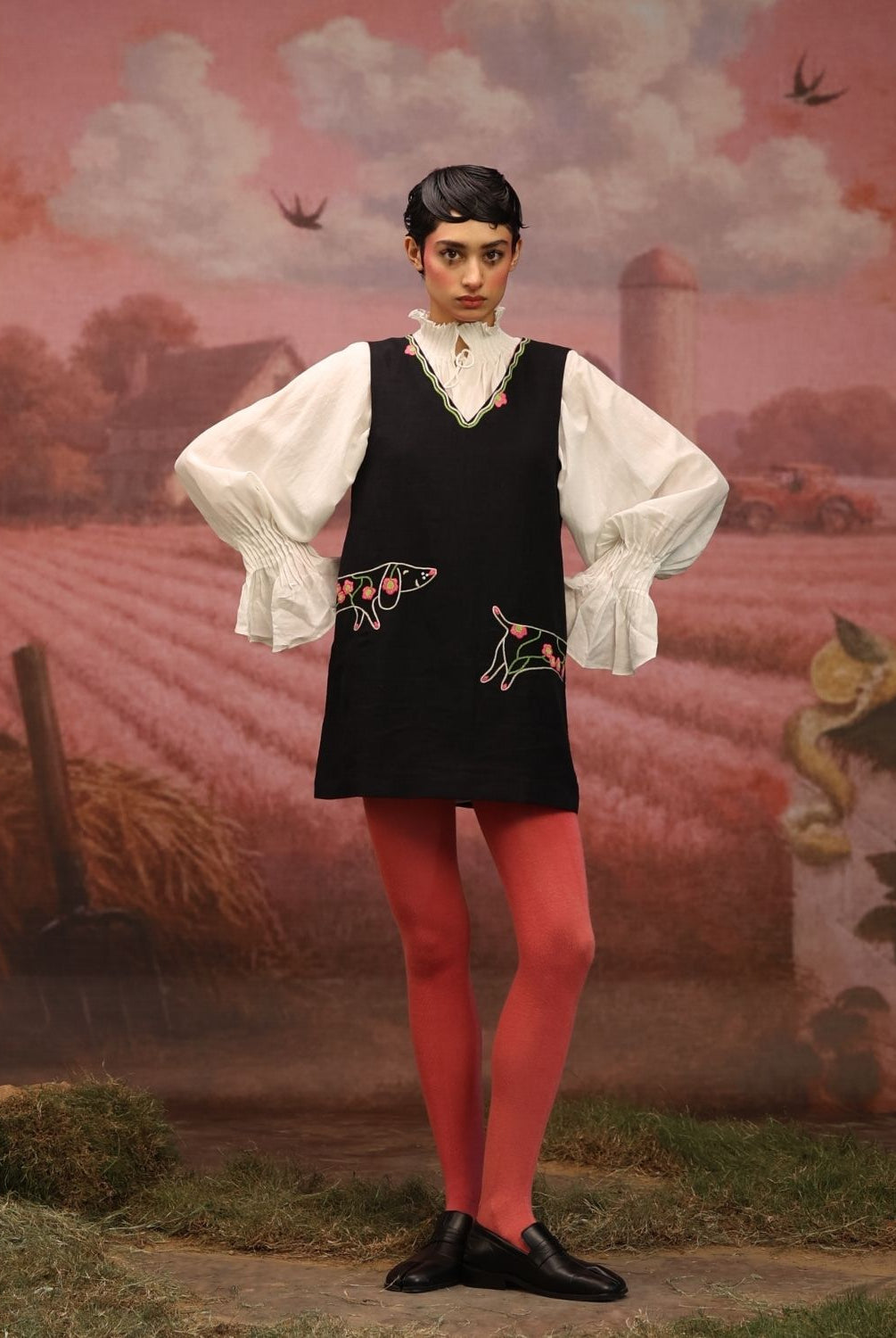 Winglore - Black Linen Hand Embroidered Garden Hound Short Dress - CiceroniDressesWinglore