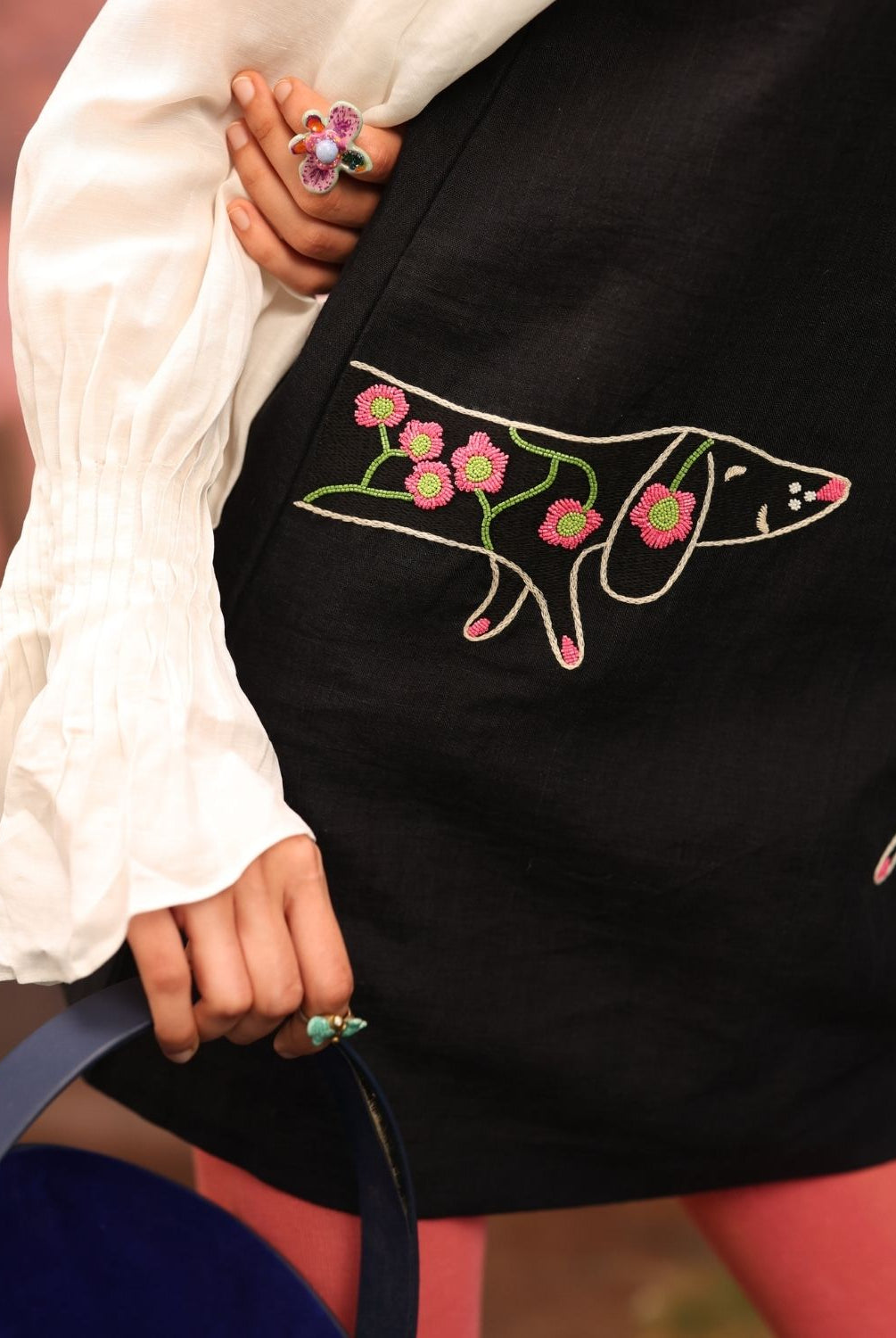 Winglore - Black Linen Hand Embroidered Garden Hound Short Dress - CiceroniDressesWinglore