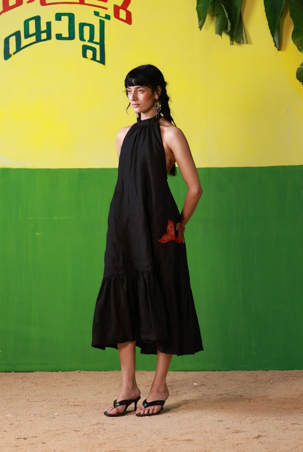 Winglore - Black Linen Hand Embroidered Halter Tent Dress - CiceroniDressesWinglore