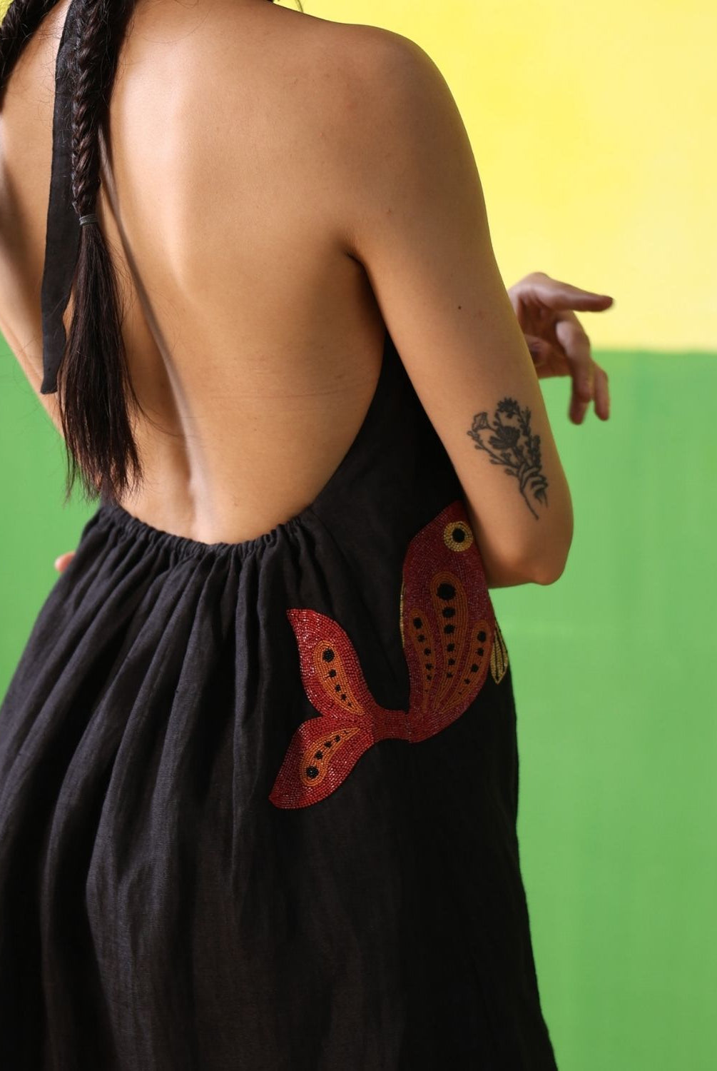 Winglore - Black Linen Hand Embroidered Halter Tent Dress - CiceroniDressesWinglore