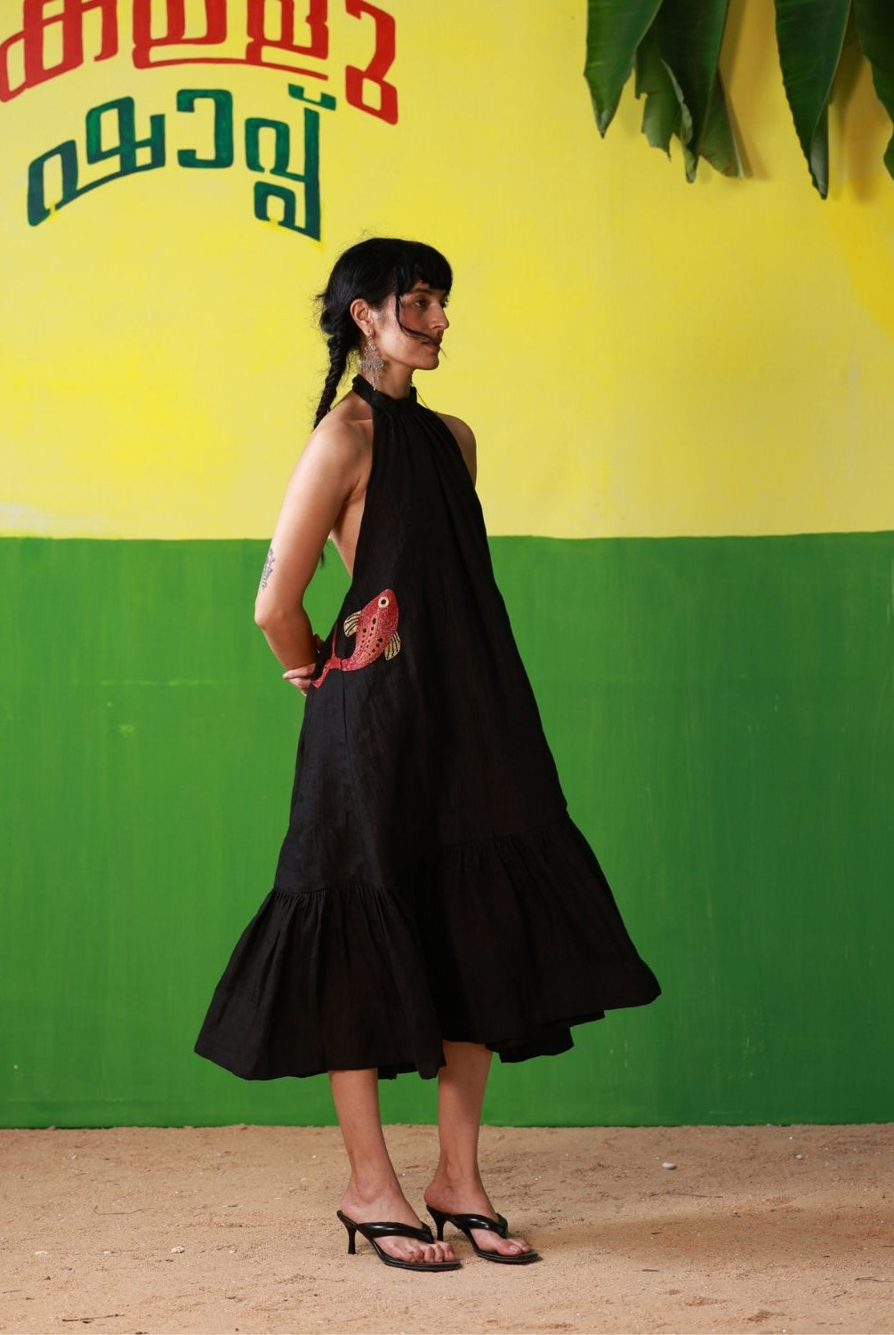 Winglore - Black Linen Hand Embroidered Halter Tent Dress - CiceroniDressesWinglore