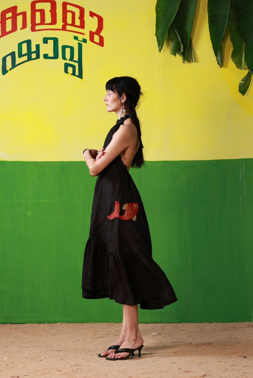 Winglore - Black Linen Hand Embroidered Halter Tent Dress - CiceroniDressesWinglore