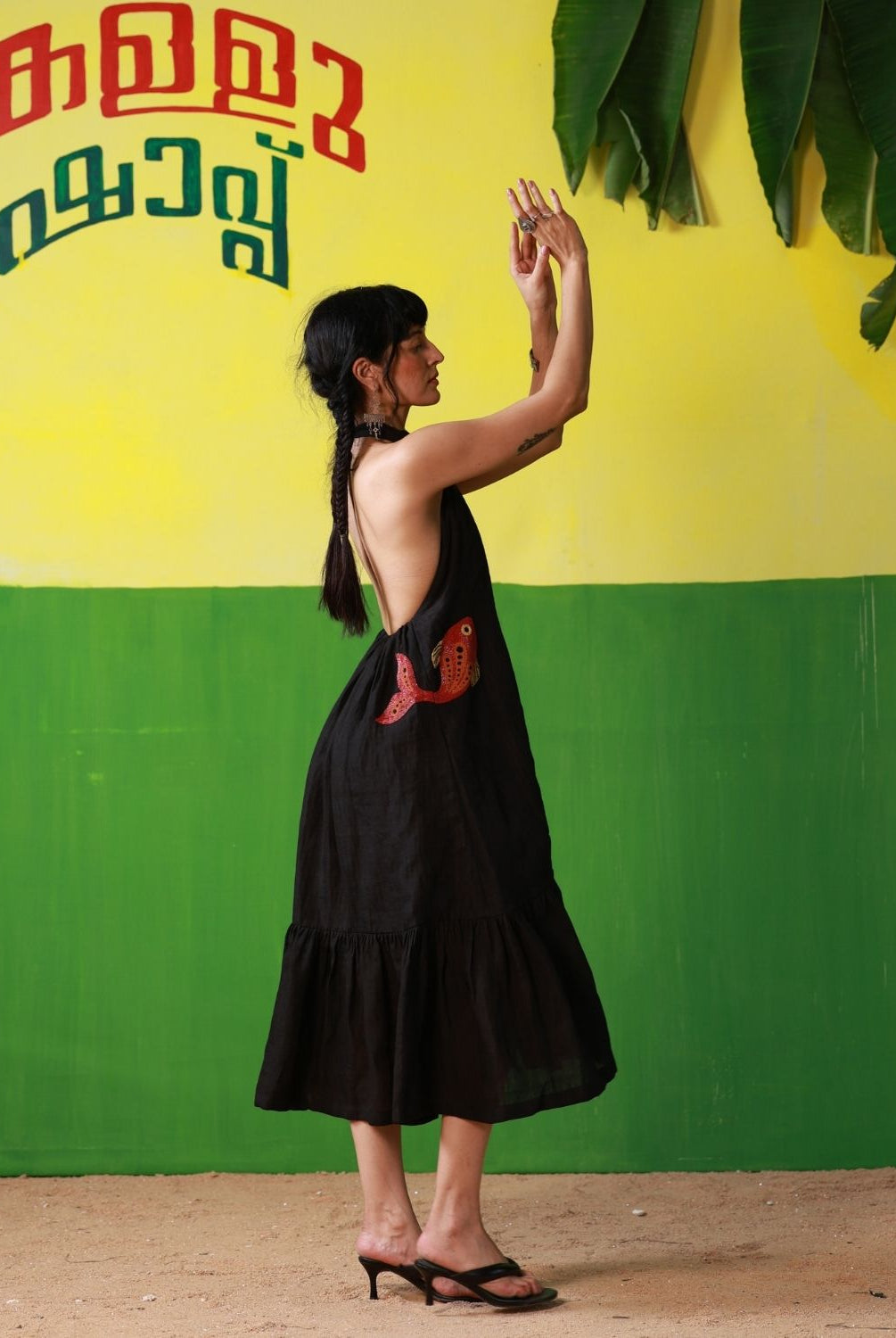 Winglore - Black Linen Hand Embroidered Halter Tent Dress - CiceroniDressesWinglore