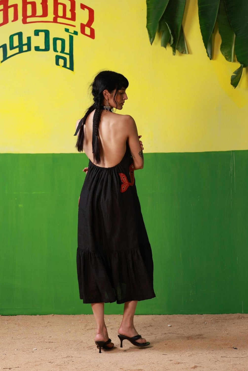Winglore - Black Linen Hand Embroidered Halter Tent Dress - CiceroniDressesWinglore