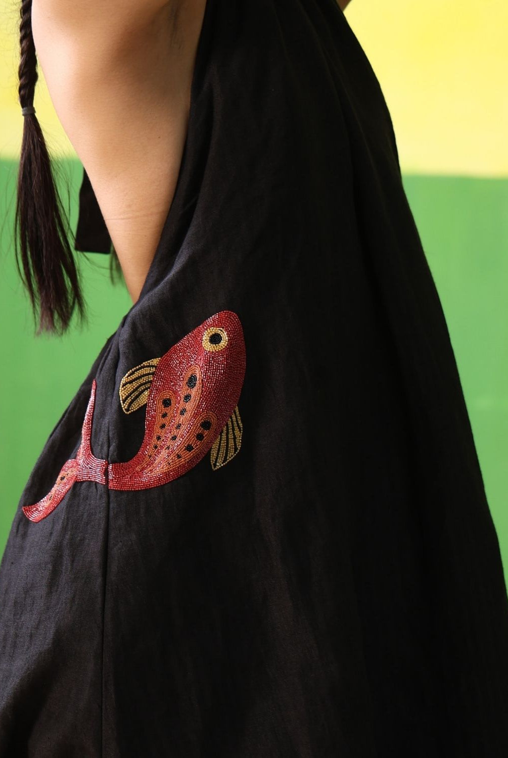 Winglore - Black Linen Hand Embroidered Halter Tent Dress - CiceroniDressesWinglore