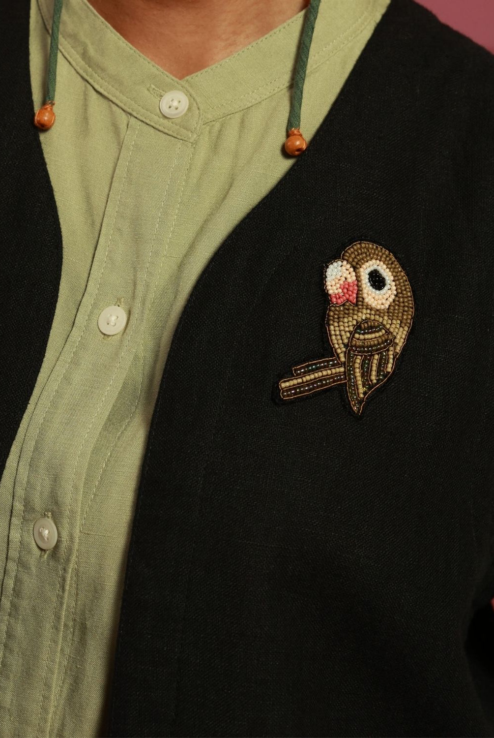Winglore - Black Linen Hand Embroidered Parakeet Gilet - CiceroniJacketsWinglore