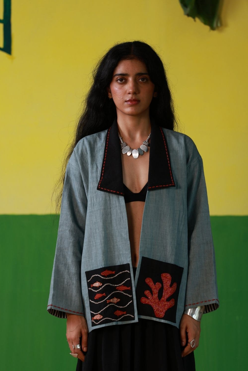 Winglore - Black Linen Unisex Kimono Jacket with Coral & Fish Hand Embroidery - CiceroniJacketWinglore