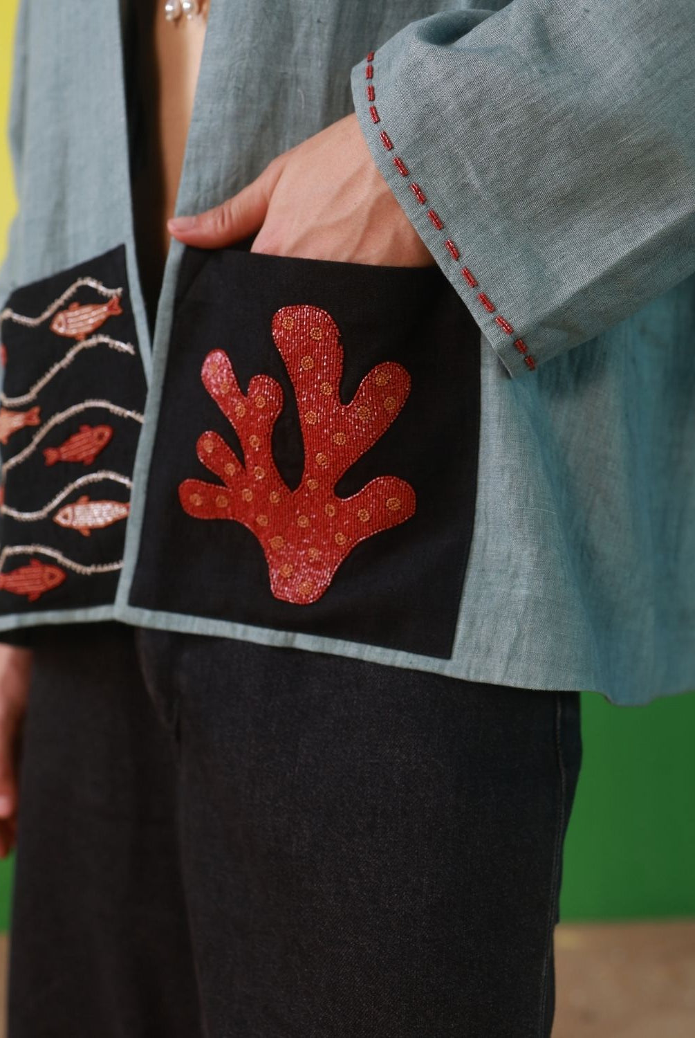 Winglore - Black Linen Unisex Kimono Jacket with Coral & Fish Hand Embroidery - CiceroniJacketWinglore