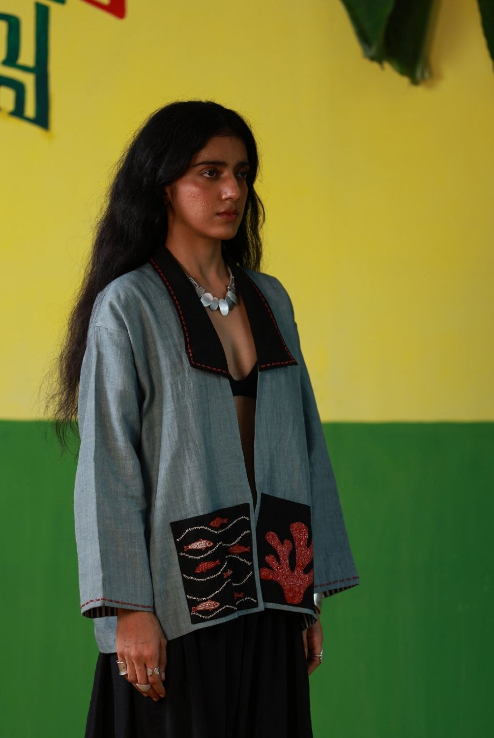Winglore - Black Linen Unisex Kimono Jacket with Coral & Fish Hand Embroidery - CiceroniJacketWinglore