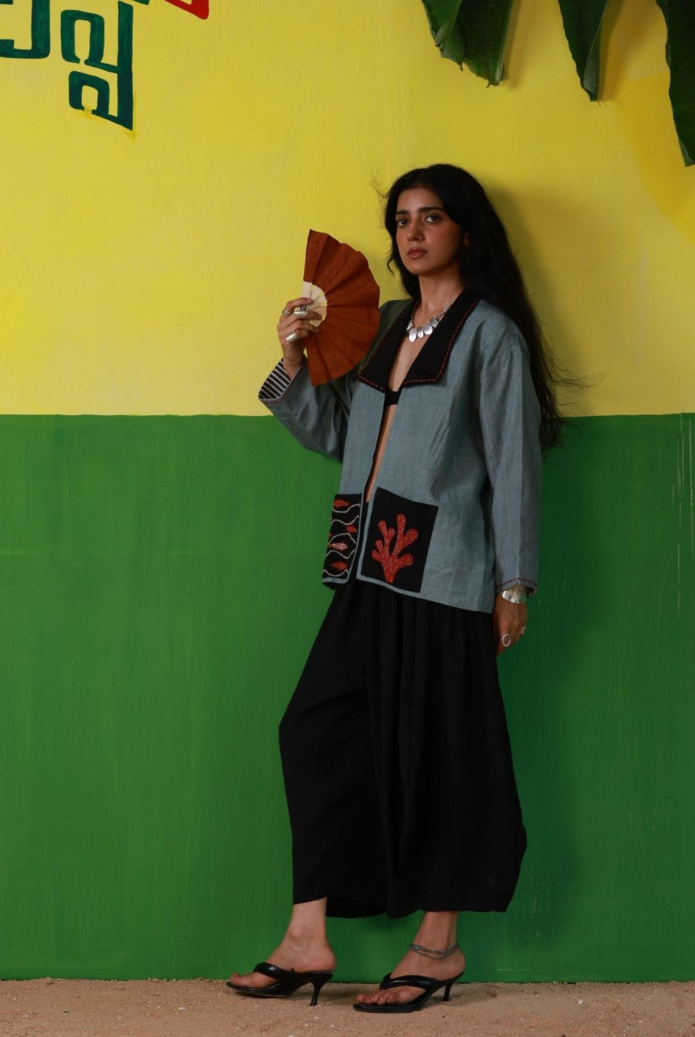 Winglore - Black Linen Unisex Kimono Jacket with Coral & Fish Hand Embroidery - CiceroniJacketWinglore