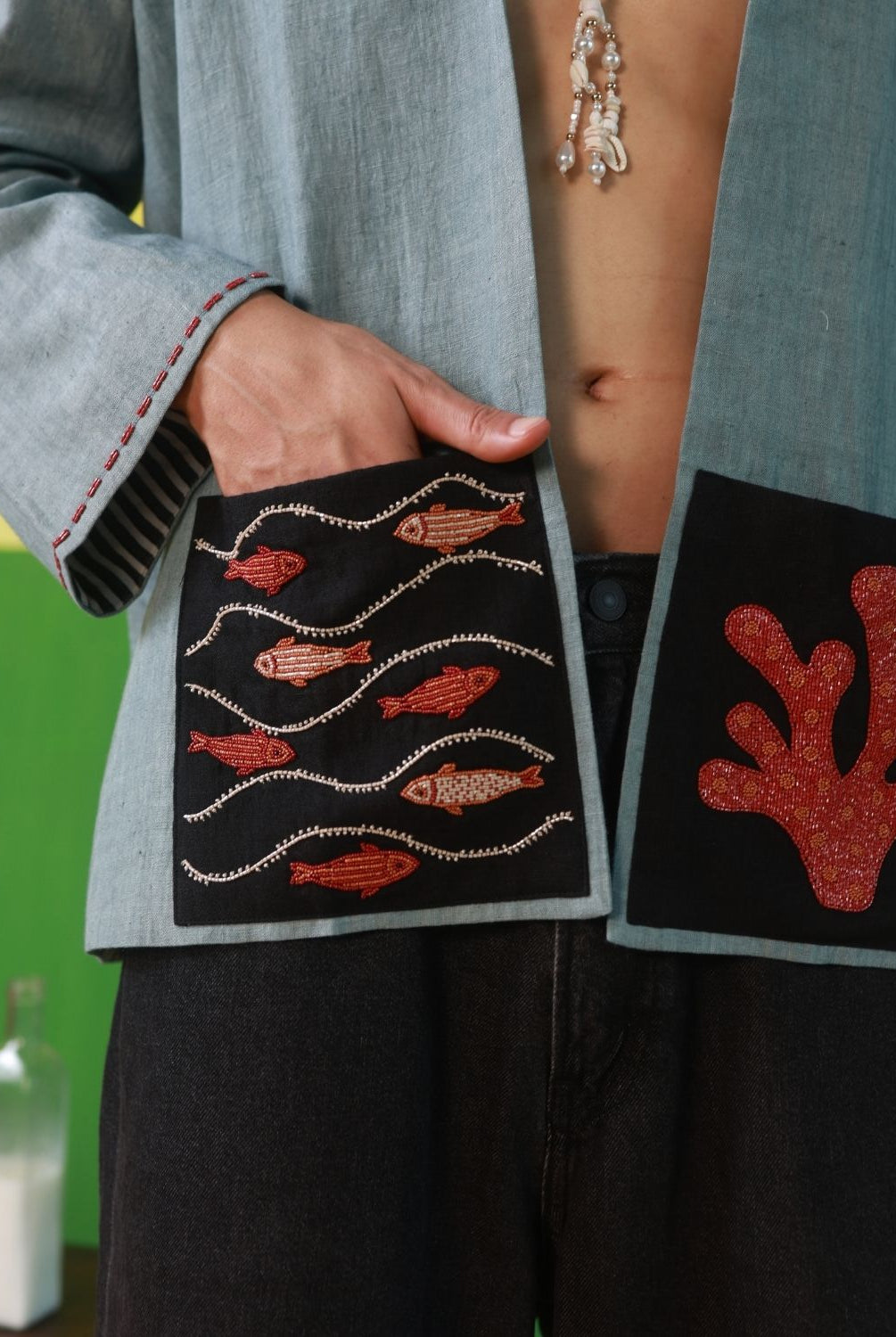 Winglore - Black Linen Unisex Kimono Jacket with Coral & Fish Hand Embroidery - CiceroniJacketWinglore