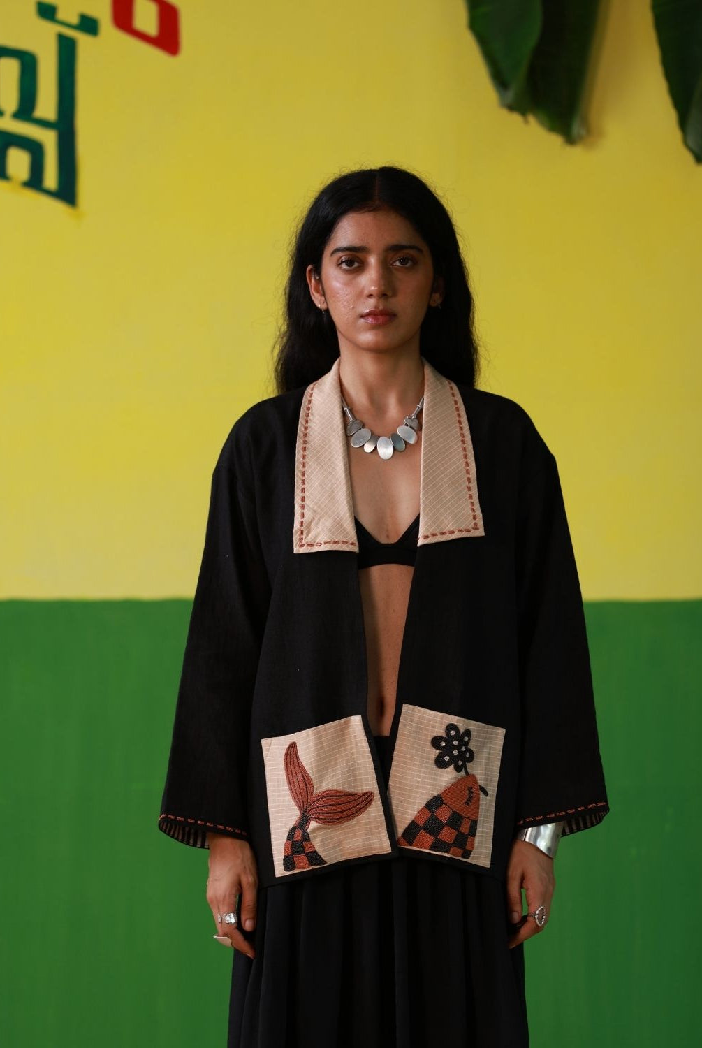 Winglore - Black Linen Unisex Kimono Jacket with Fish Hand Embroidery - CiceroniJacketWinglore