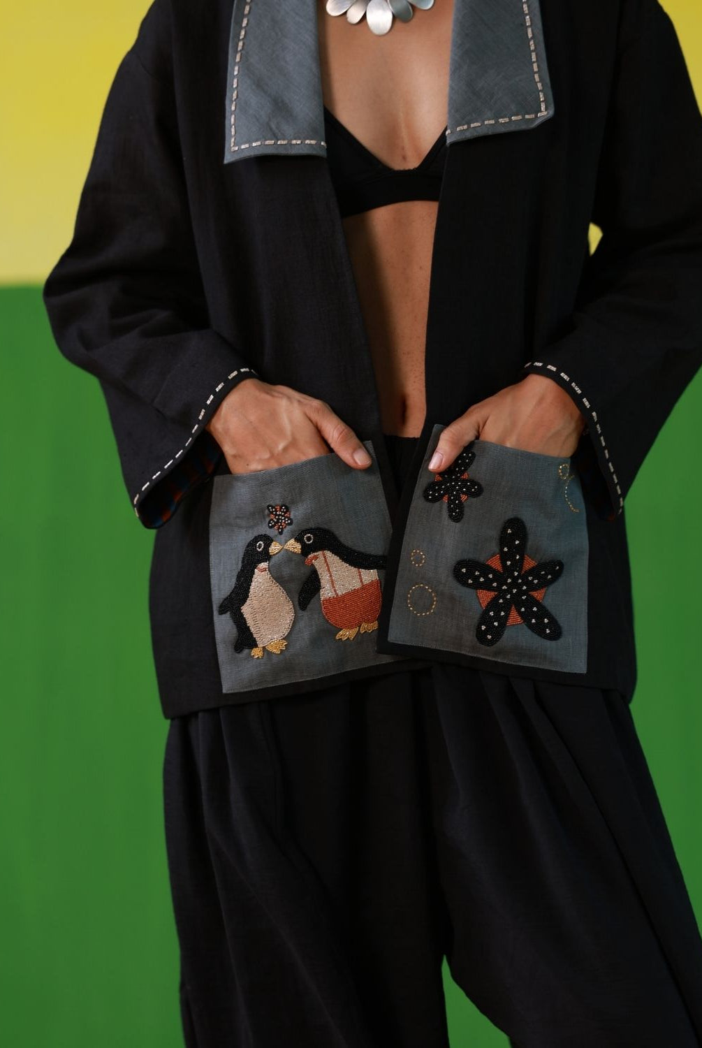 Winglore - Black Linen Unisex Kimono Jacket with Penguin Hand Embroidery - CiceroniJacketWinglore