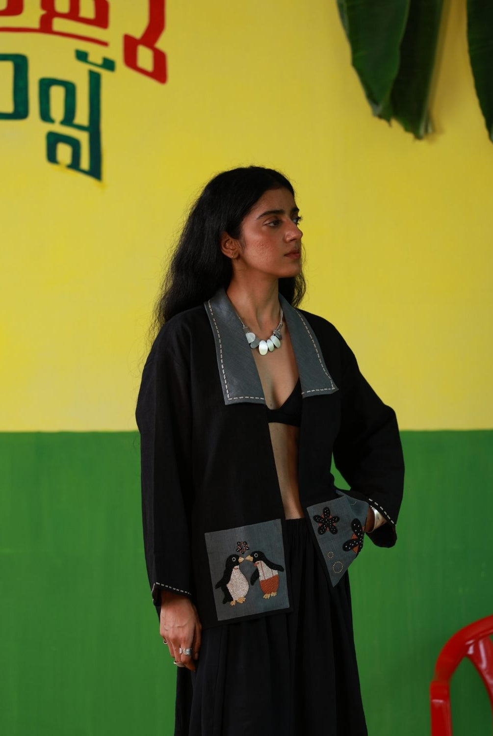 Winglore - Black Linen Unisex Kimono Jacket with Penguin Hand Embroidery - CiceroniJacketWinglore