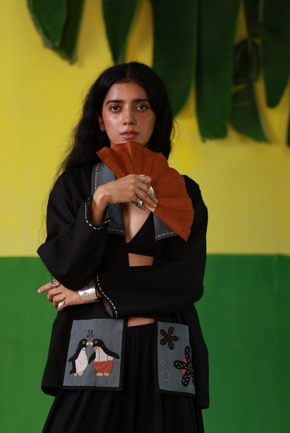 Winglore - Black Linen Unisex Kimono Jacket with Penguin Hand Embroidery - CiceroniJacketWinglore