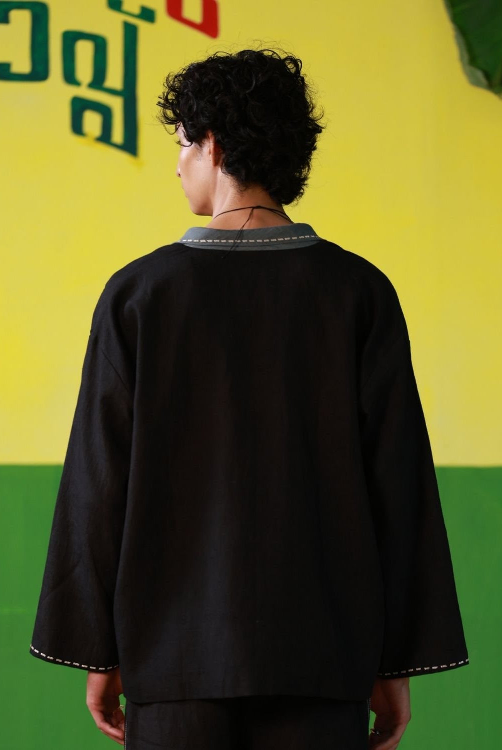 Winglore - Black Linen Unisex Kimono Jacket with Penguin Hand Embroidery - CiceroniJacketWinglore