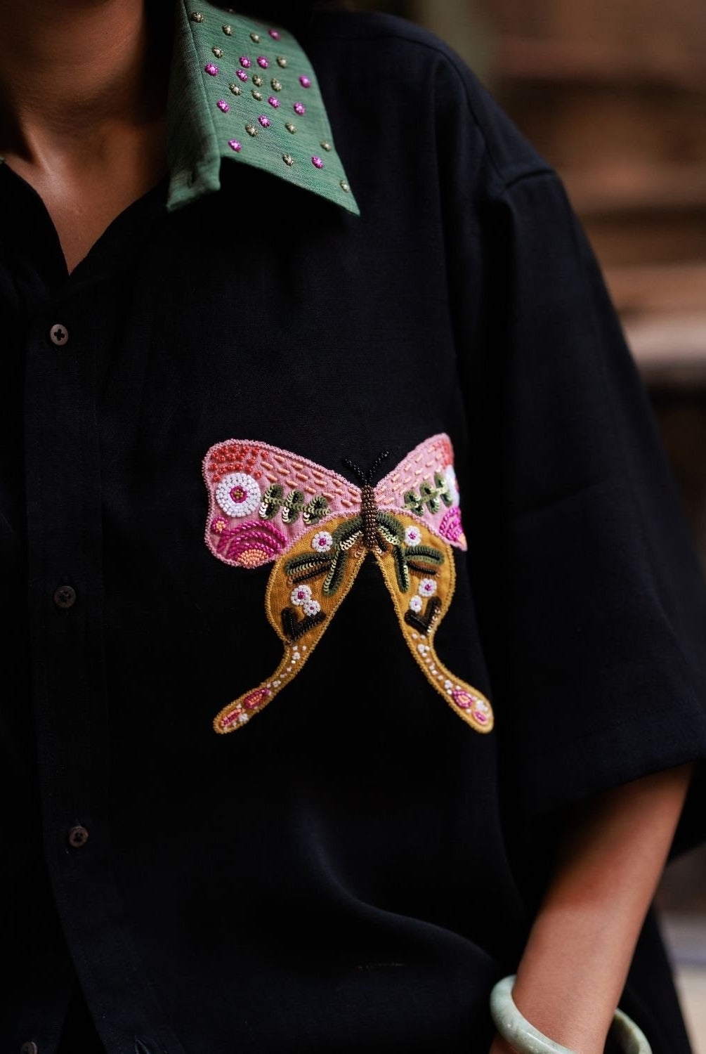 Winglore - Black Slub Cotton Hand-Embroidered Oversized Shirt - CiceroniUnisex ShirtsWinglore