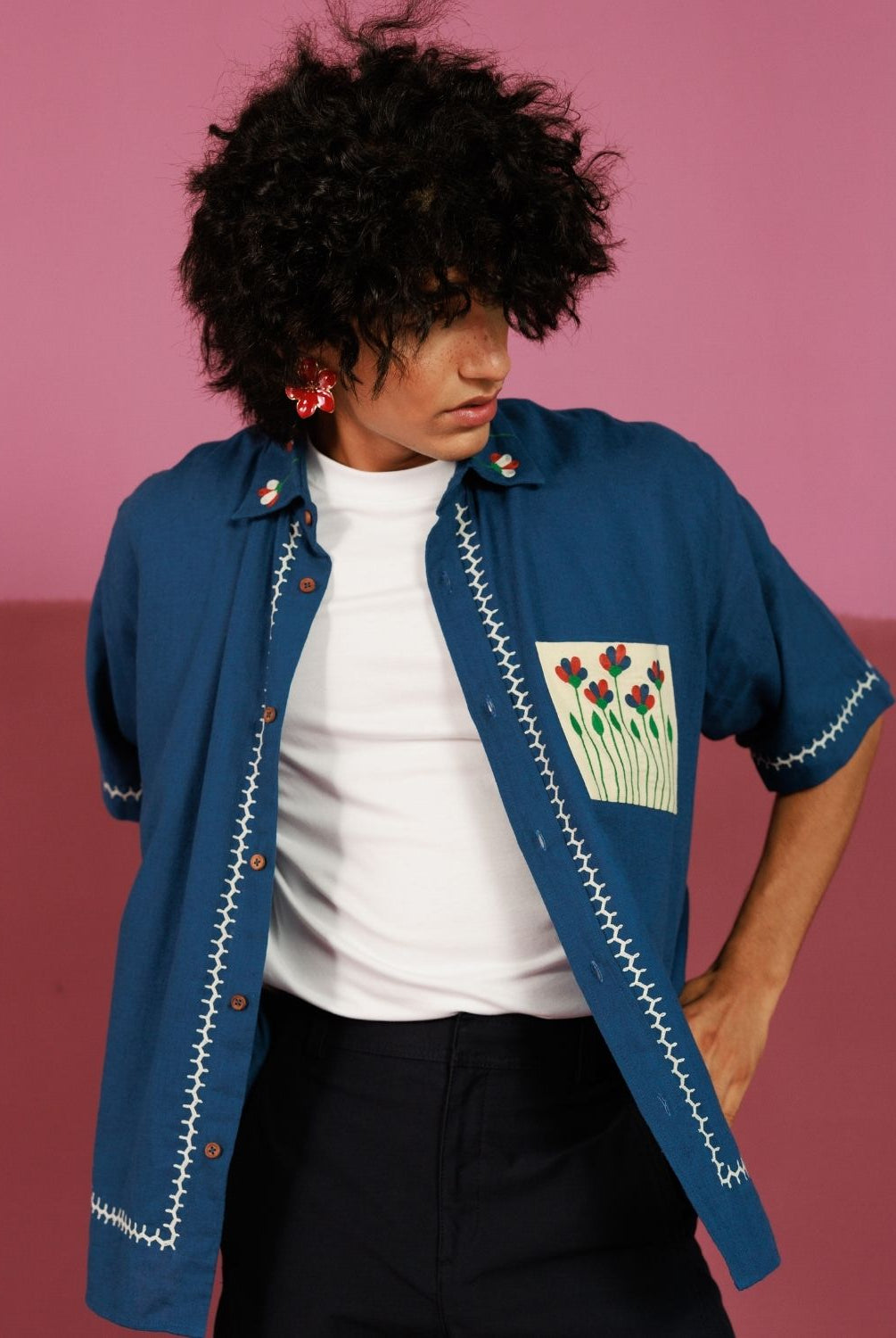 Winglore - Blue Hand Embroiderd Pure Linen Oversized Shirt - CiceroniUnisex ShirtsWinglore