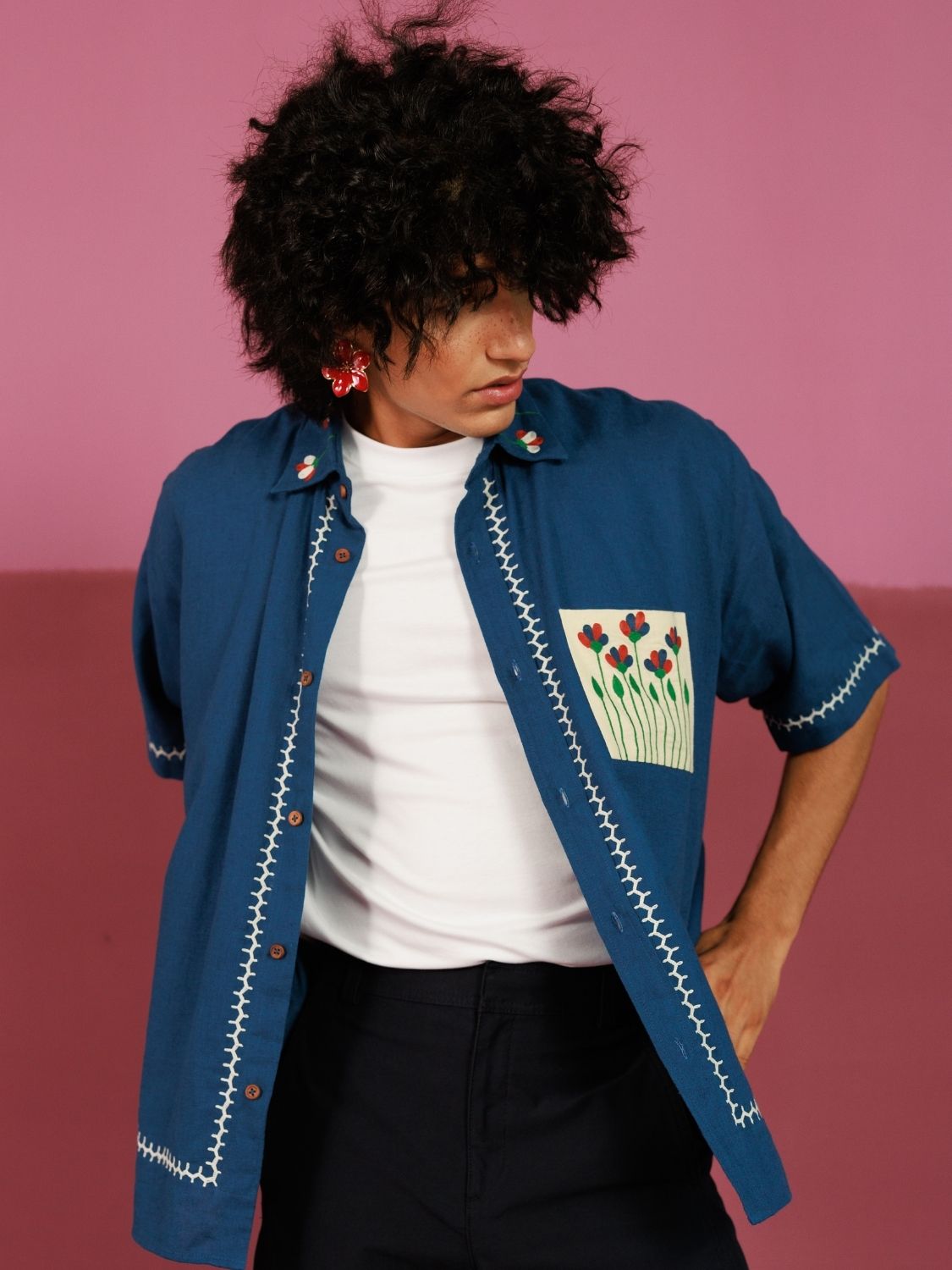 Winglore - Blue Hand Embroiderd Pure Linen Oversized Shirt - CiceroniUnisex ShirtsWinglore