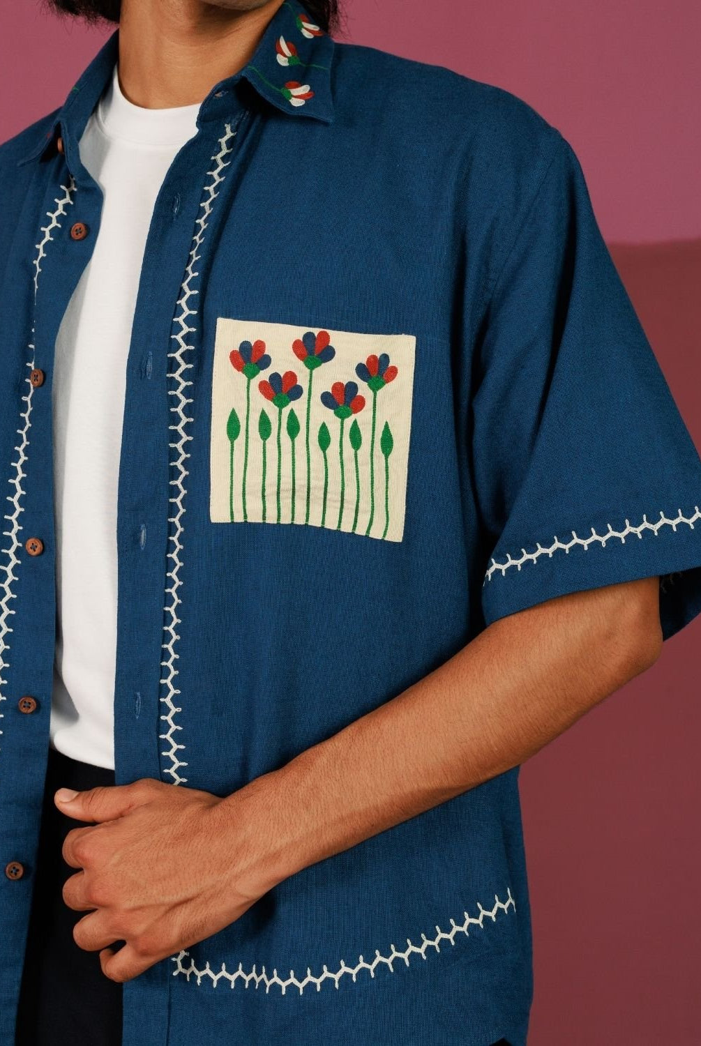 Winglore - Blue Hand Embroiderd Pure Linen Oversized Shirt - CiceroniUnisex ShirtsWinglore