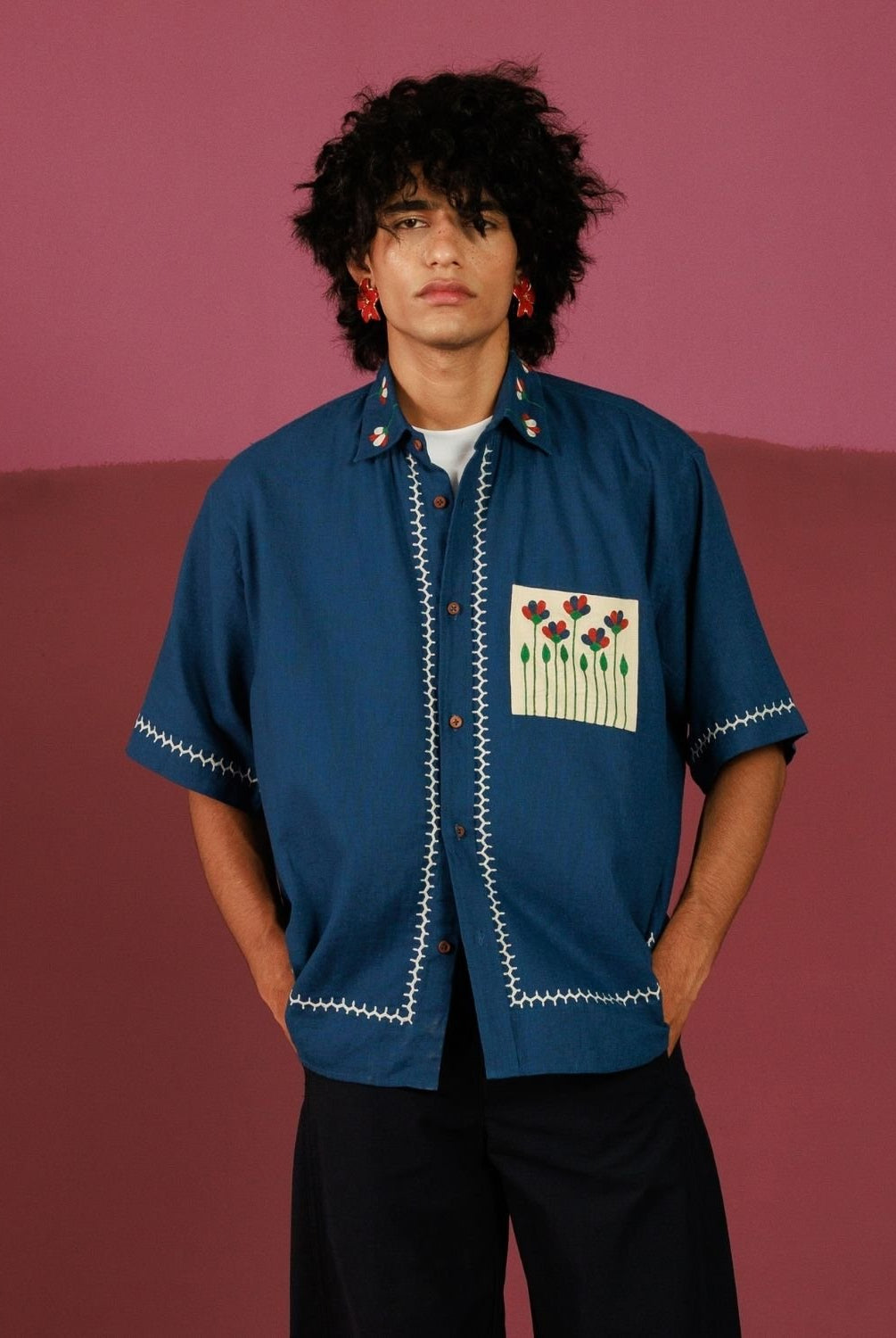 Winglore - Blue Hand Embroiderd Pure Linen Oversized Shirt - CiceroniUnisex ShirtsWinglore