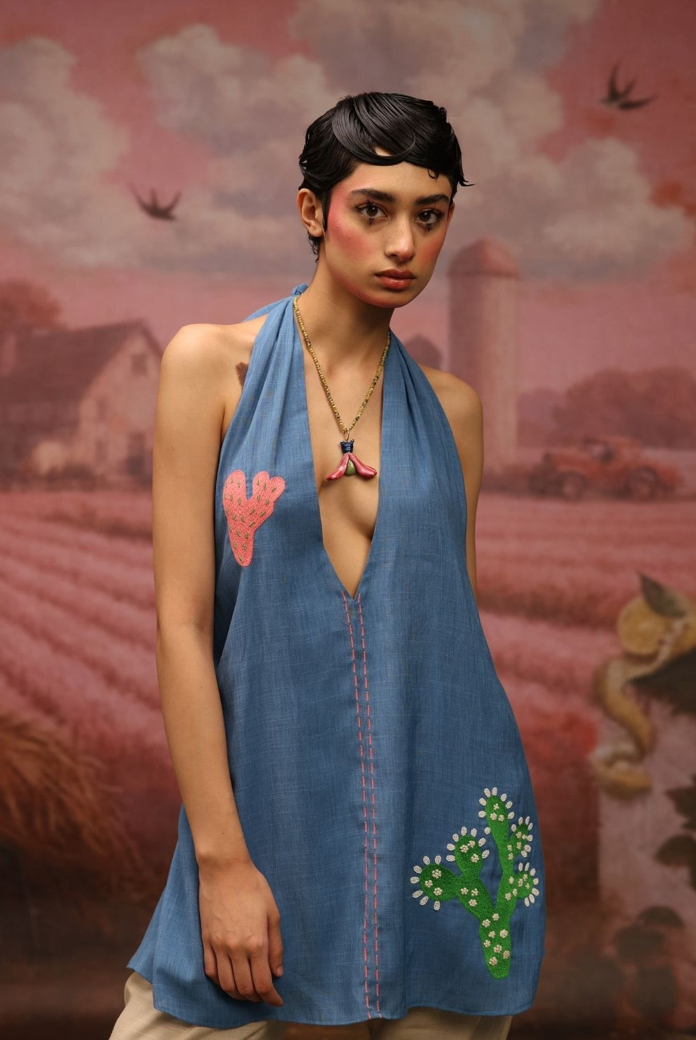 Winglore - Blue Hand Embroiderd Slub Cotton Cactus Tunic Halter Top - CiceroniTopsWinglore