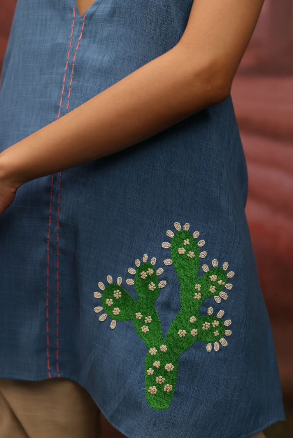 Winglore - Blue Hand Embroiderd Slub Cotton Cactus Tunic Halter Top - CiceroniTopsWinglore