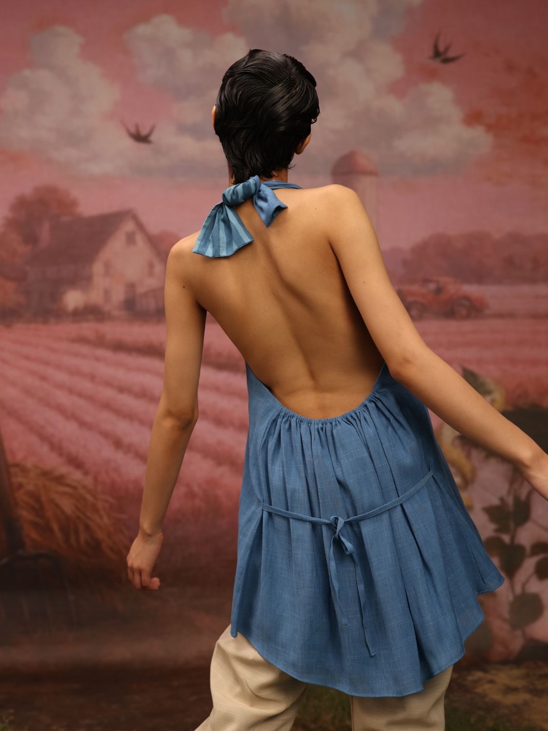 Winglore - Blue Hand Embroiderd Slub Cotton Cactus Tunic Halter Top - CiceroniTopsWinglore