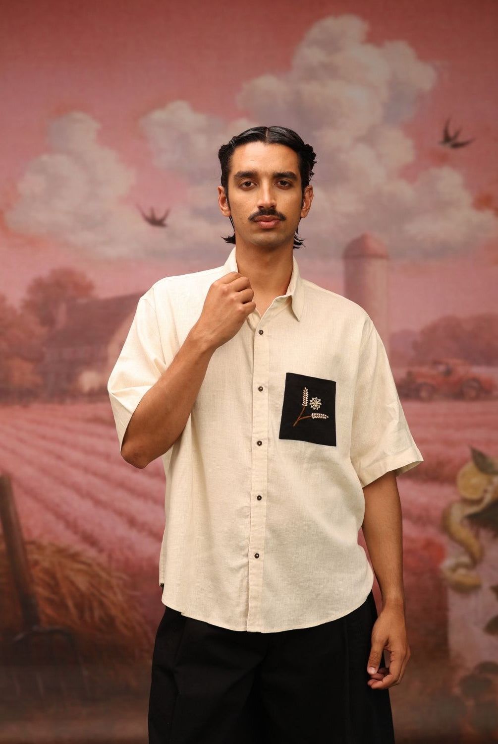 Winglore - Cream Bold Black Patch Hand Embroiderd Pure Linen Oversized Shirt - CiceroniUnisex ShirtsWinglore