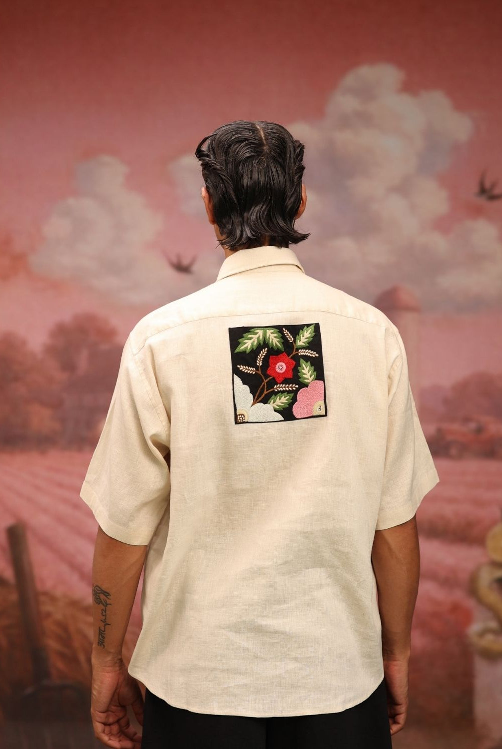 Winglore - Cream Bold Black Patch Hand Embroiderd Pure Linen Oversized Shirt - CiceroniUnisex ShirtsWinglore