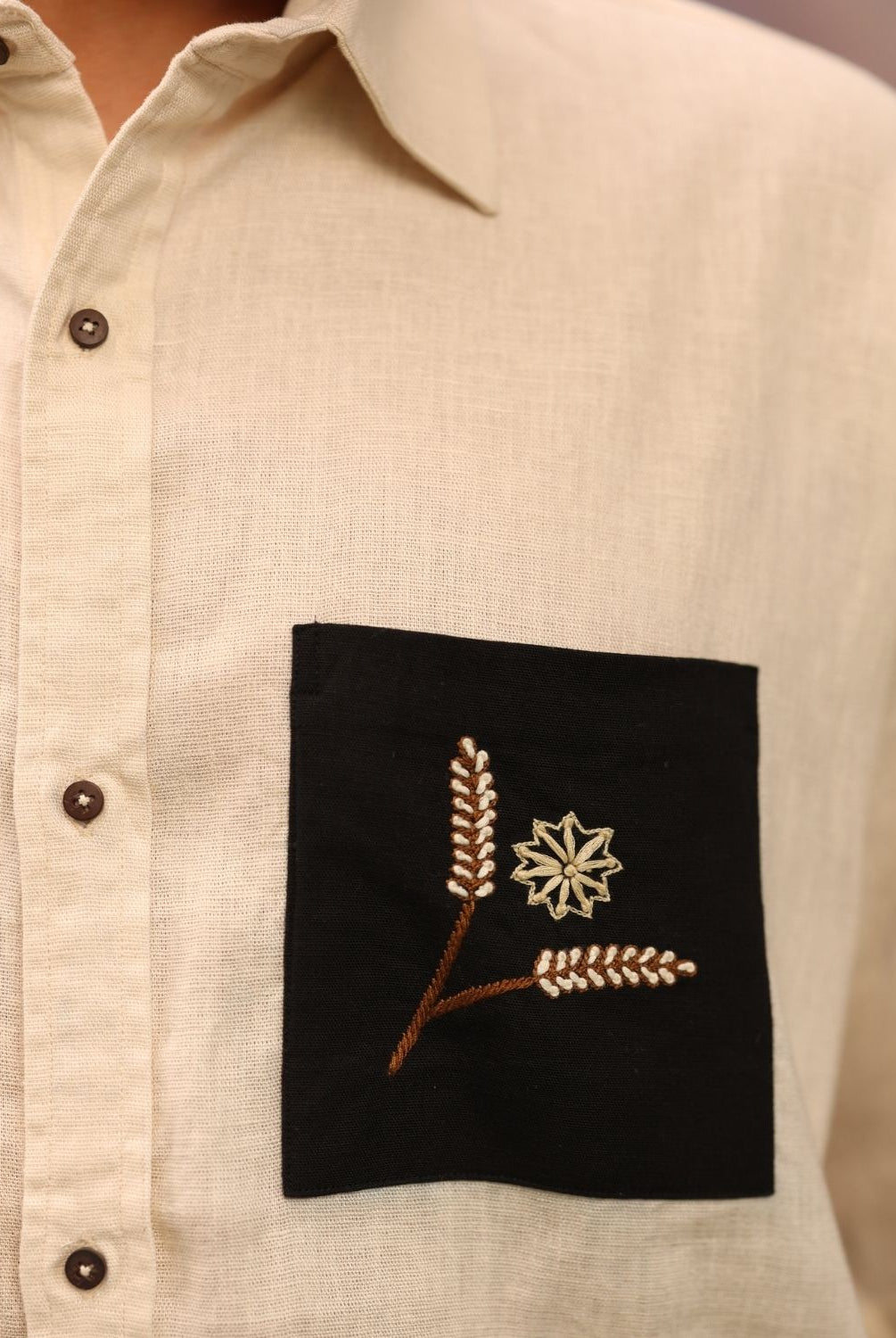 Winglore - Cream Bold Black Patch Hand Embroiderd Pure Linen Oversized Shirt - CiceroniUnisex ShirtsWinglore