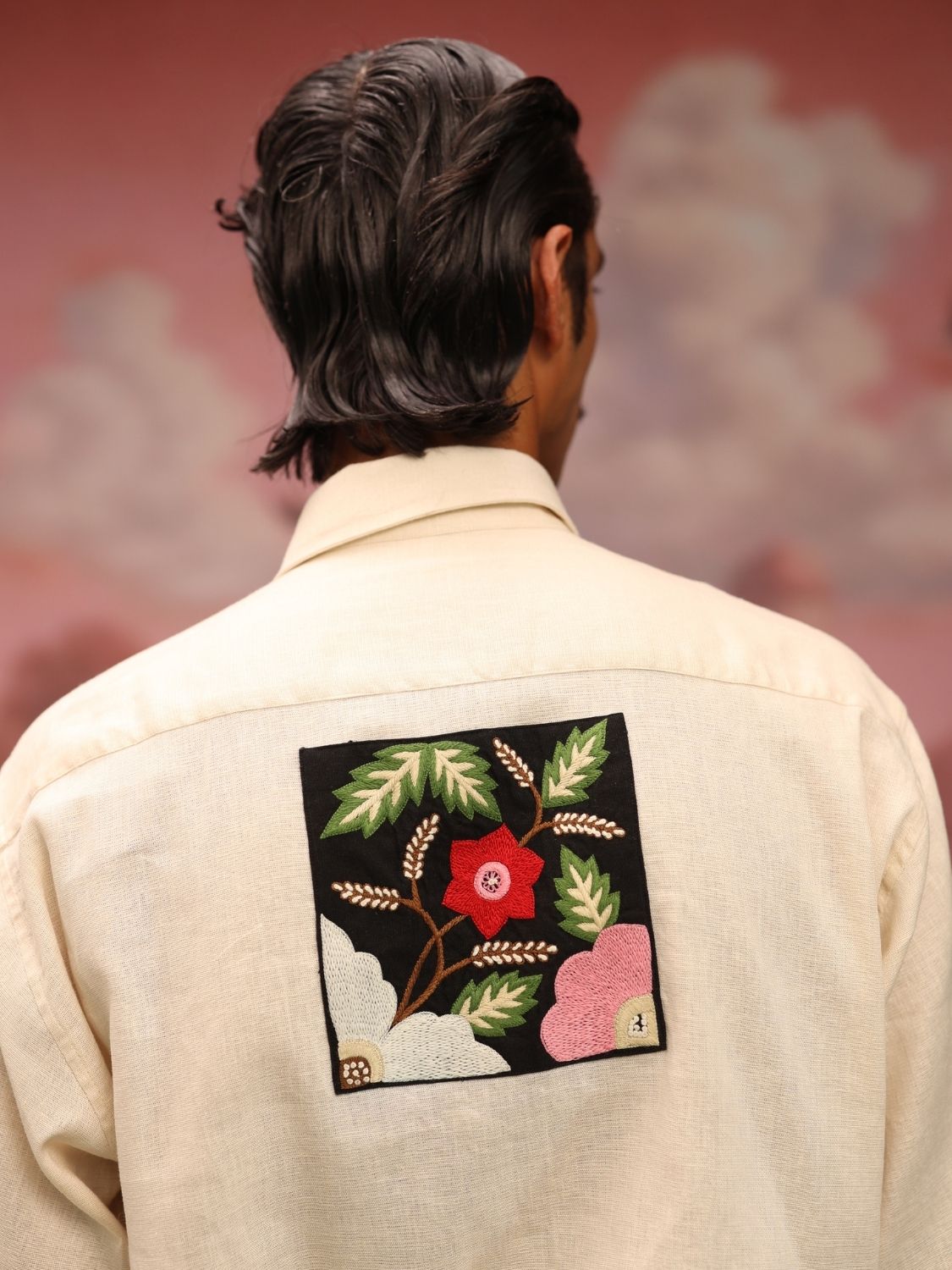 Winglore - Cream Bold Black Patch Hand Embroiderd Pure Linen Oversized Shirt - CiceroniUnisex ShirtsWinglore