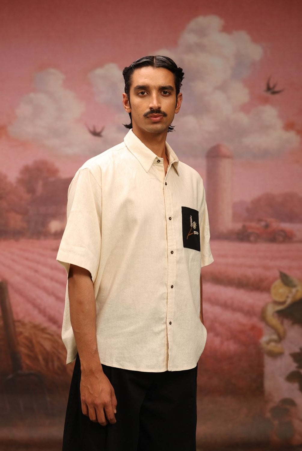 Winglore - Cream Bold Black Patch Hand Embroiderd Pure Linen Oversized Shirt - CiceroniUnisex ShirtsWinglore