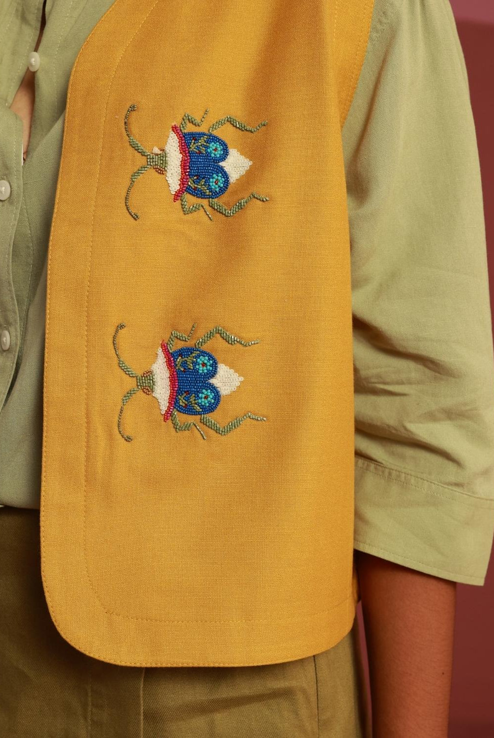 Winglore - Golden Yellow Bug Me Not Hand Embroidered Gilet - CiceroniJacketsWinglore