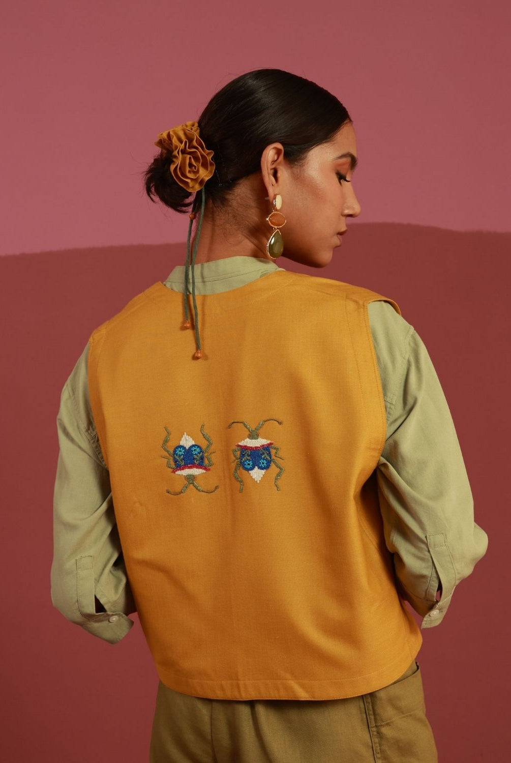 Winglore - Golden Yellow Bug Me Not Hand Embroidered Gilet - CiceroniJacketsWinglore