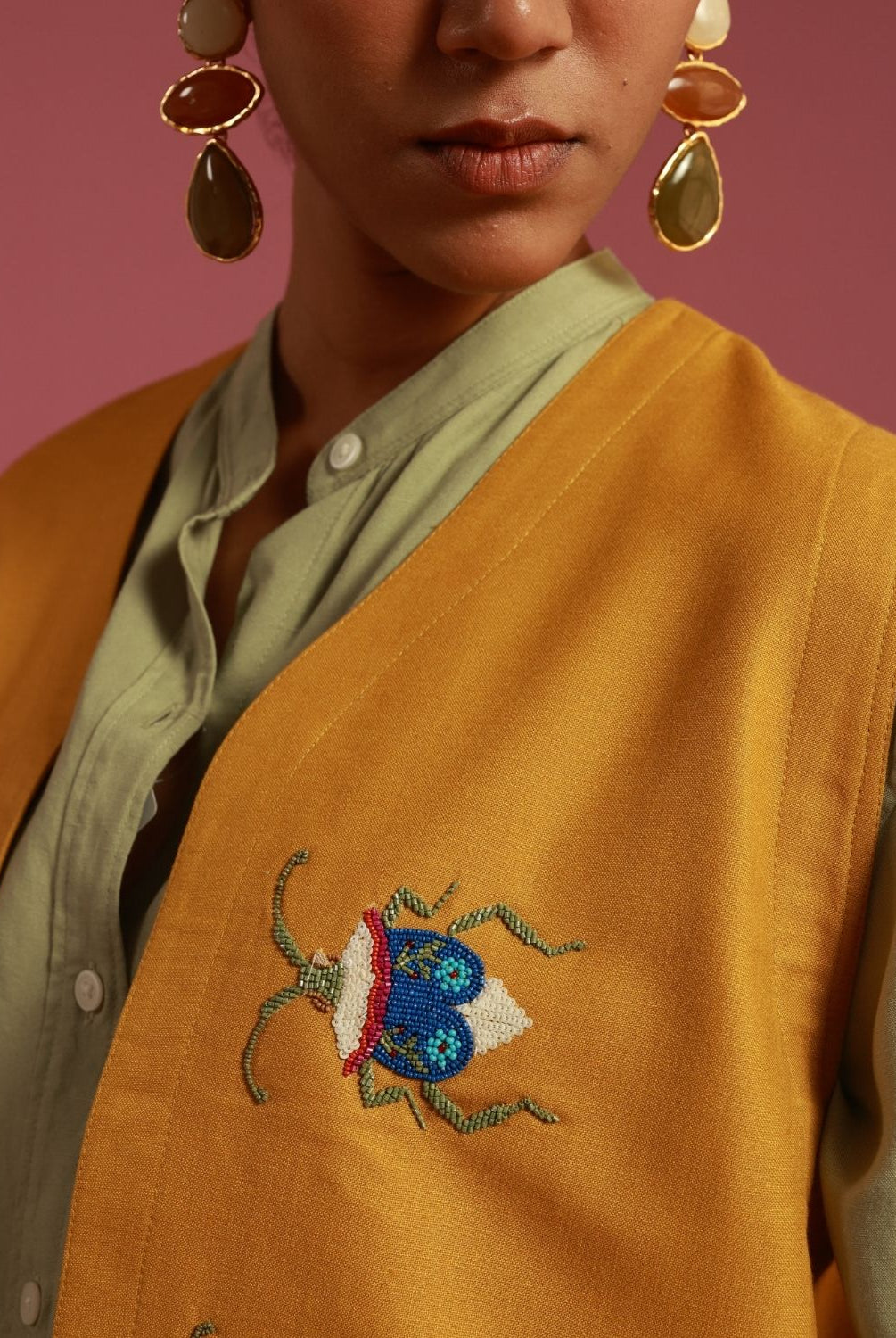 Winglore - Golden Yellow Bug Me Not Hand Embroidered Gilet - CiceroniJacketsWinglore