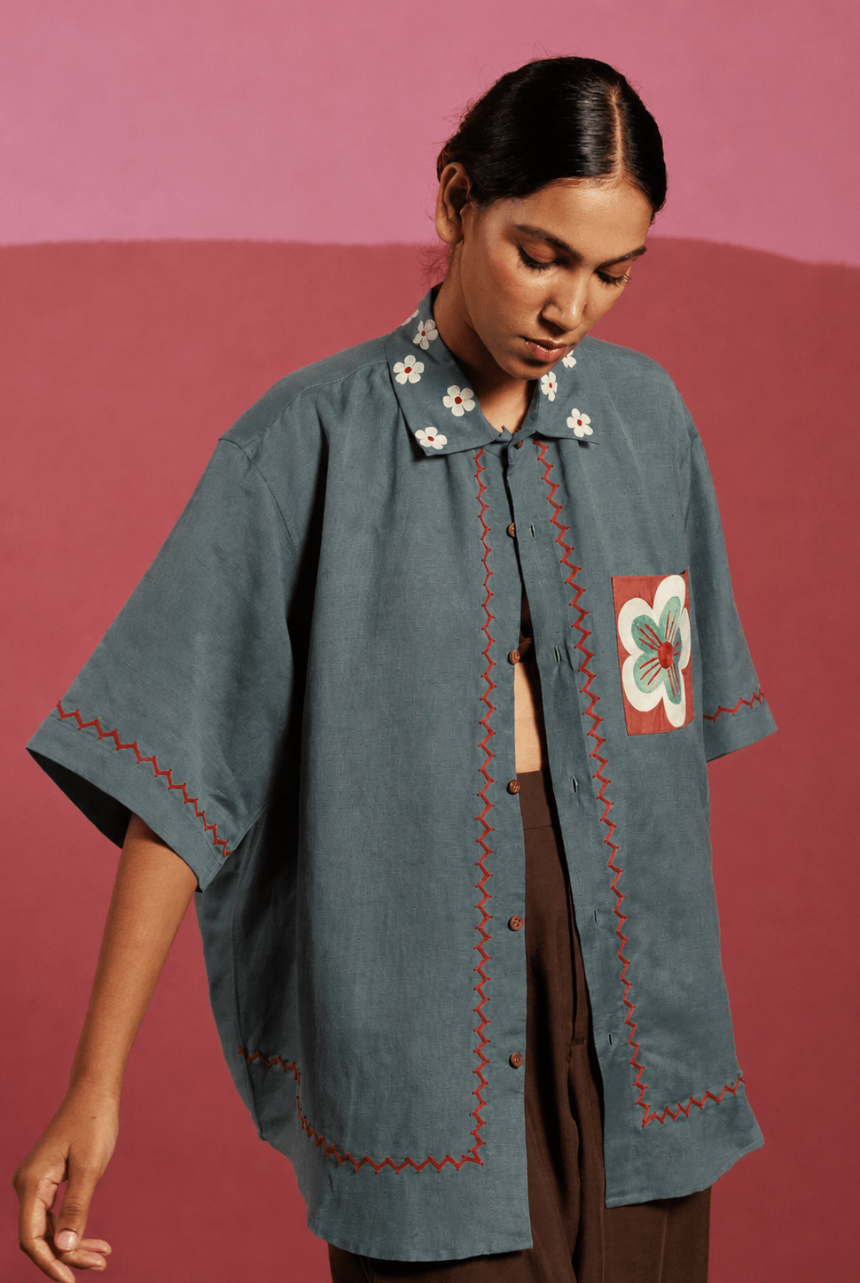 Winglore - Gray Teal Flower Patch Hand Embroiderd Pure Linen Oversized Shirt - CiceroniUnisex ShirtsWinglore