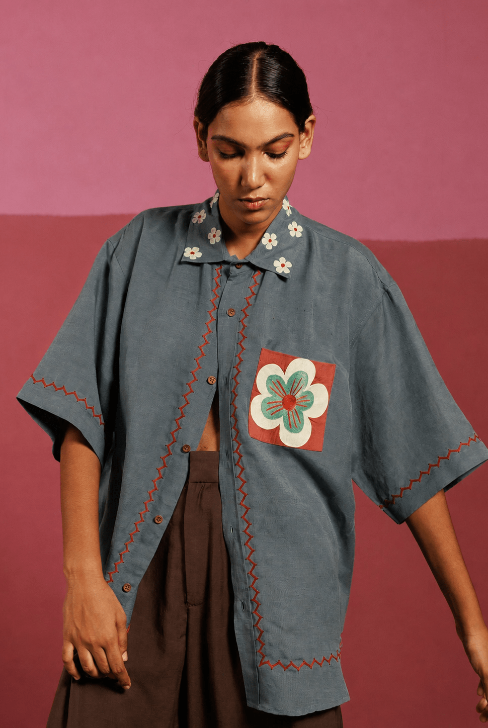 Winglore - Gray Teal Flower Patch Hand Embroiderd Pure Linen Oversized Shirt - CiceroniUnisex ShirtsWinglore