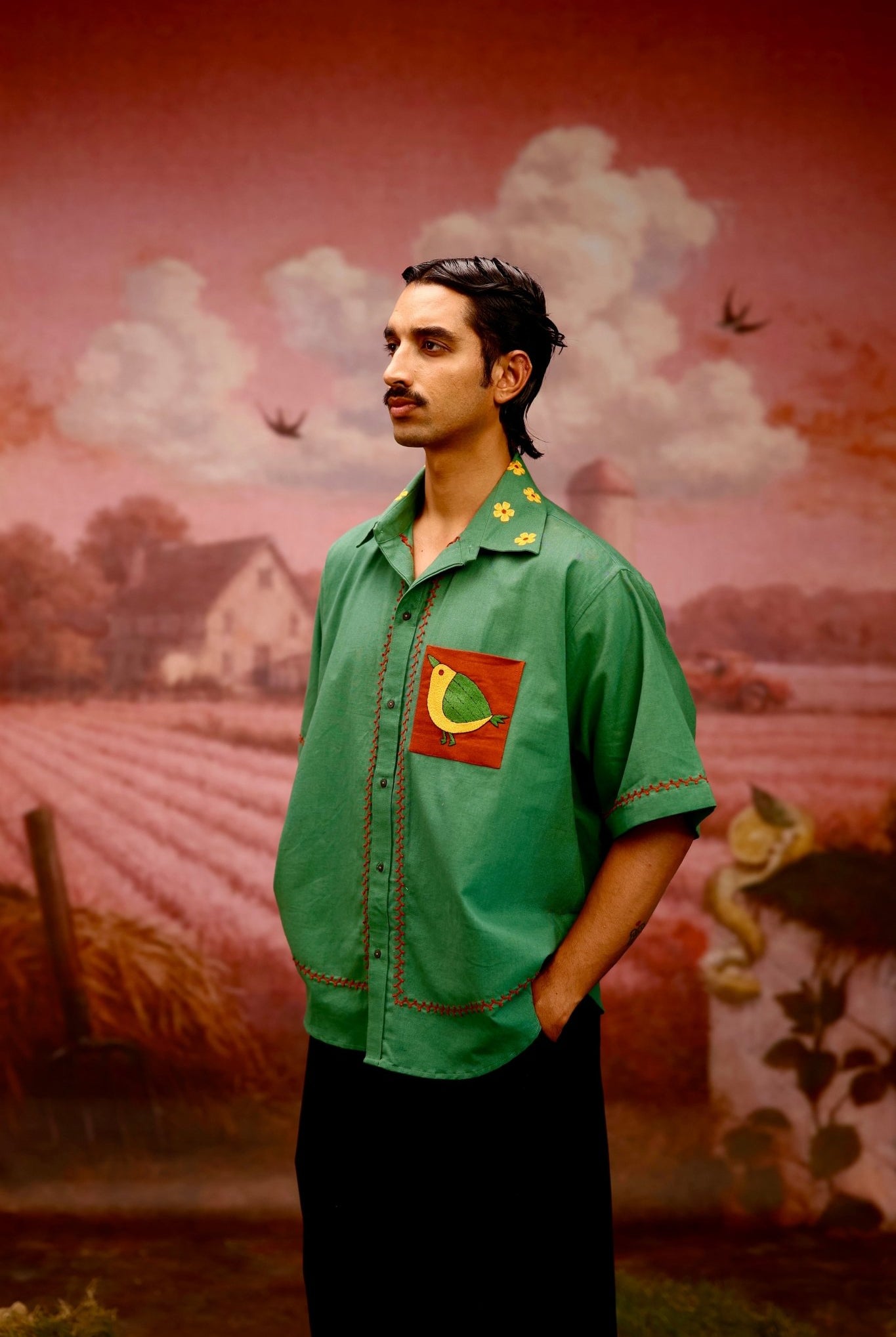Winglore - Green Hand Embroiderd Pure Linen Birdy Oversized Shirt - CiceroniUnisex ShirtsWinglore