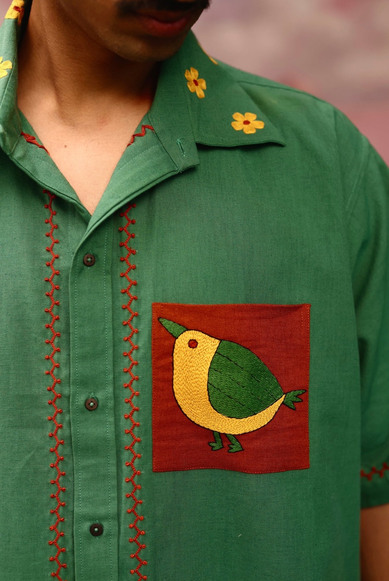 Winglore - Green Hand Embroiderd Pure Linen Birdy Oversized Shirt - CiceroniUnisex ShirtsWinglore